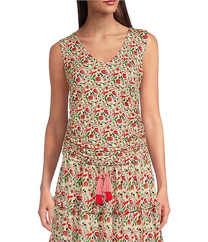 Gibson & Latimer Coordinating Floral Print Sleeveless V Neck Ruched Side Knit Tank Top
