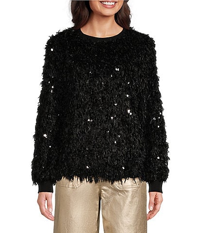 Gibson & Latimer Crew Neck Long Sleeve Big Sequin and Feather Knit Top