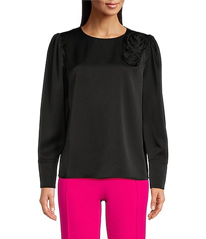 Gibson & Latimer Crew Neck Long Sleeve Button Cuff Rosette Embellished Blouse