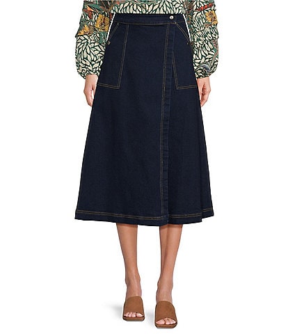 Gibson & Latimer Denim Rivet High Waist Wrap A-Line Midi Skirt