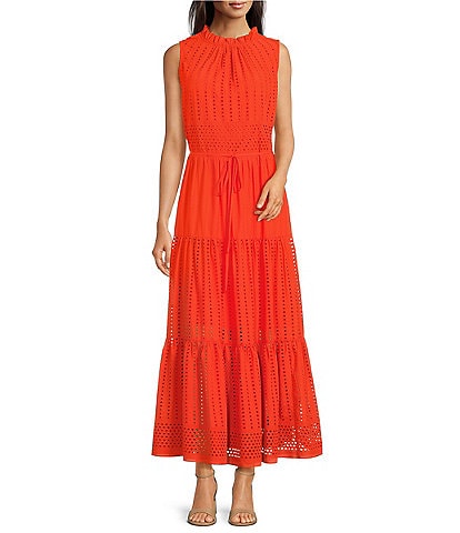 Gibson & Latimer Eyelet Woven Ruched Mock Neck Sleeveless Tie at Waist Tiered A-Line Flounce Maxi Dress