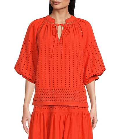 Gibson & Latimer Eyelet Woven Tie Split V-Neck 3/4 Bubble Sleeve Coordinating Blouse