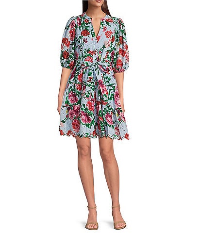 Gibson & Latimer Floral Eyelet Split Neck Elbow Puff Sleeve Button Front Scallop Hem Dress