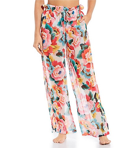 Gibson & Latimer Floral Print Drawstring Tie High Waist Pant Swimsuit Cover-Up