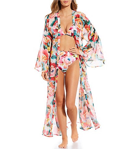 Gibson & Latimer Floral Print Open Front Kimono Swimsuit Cover Up
