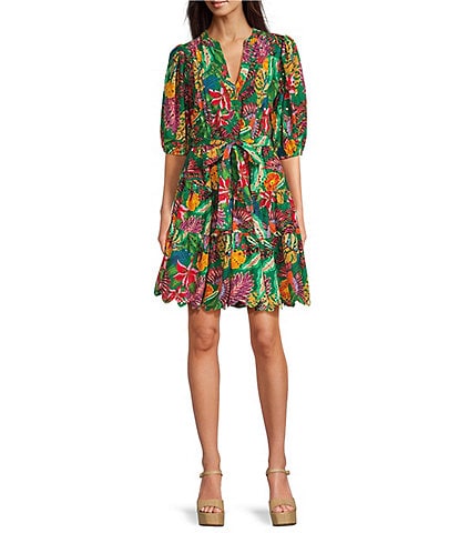 Gibson & Latimer Floral Printed Eyelet Split Round Neck Elbow Puff Sleeve Button Down Belted Scallop Hem Pocketed A-Line Dress
