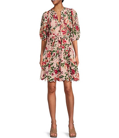 Gibson & Latimer Floral Printed Eyelet Split Round Neck Elbow Puff Sleeve Button Down Belted Scallop Hem Pocketed A-Line Dress