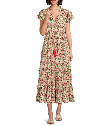 Gibson & Latimer Floral Printed Ruffle Neck Cap Sleeve Tiered Maxi Dress