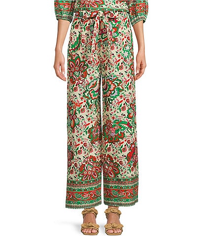 Gibson & Latimer Floral Printed Self Tie High Waist Wide Leg Coordinating Pull-On Pants
