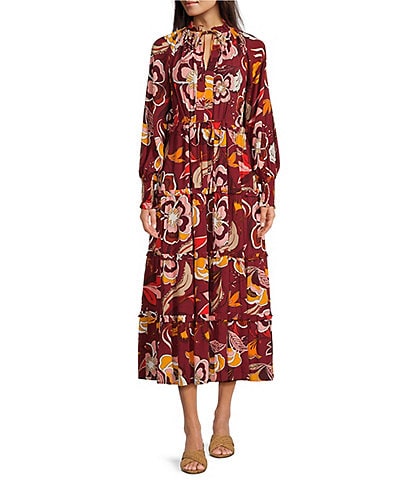 Gibson & Latimer Floral Printed Split-V-Neck Long Sleeve Ruffle Tiered Self Tie Midi Dress