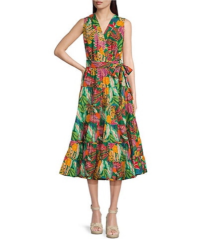Gibson & Latimer Floral Printed Tiered Sleeveless Surplice V-Neck Tie Waist Wrap Midi Dress