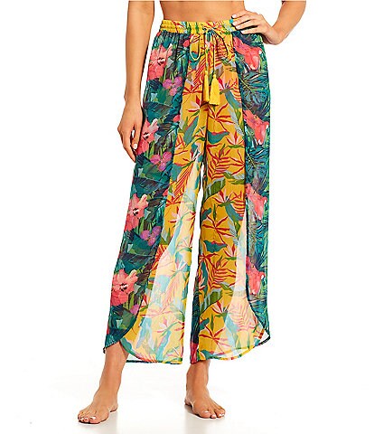 Gibson & Latimer Ibiza Summer Floral Print Drawstring Tassel Tie High Waisted Swimsuit Cover-Up Pants