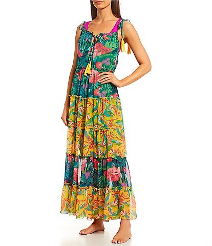 Gibson & Latimer Ibiza Summer Floral Print Square Neck Tie Shoulder Strap Tiered Maxi Dress Swim Cover-Up