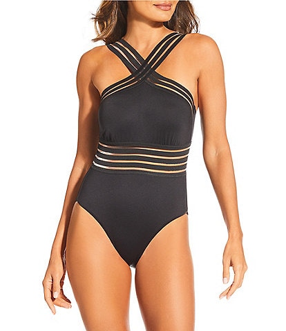 Gibson & Latimer Illusion Solid Banded High Neck One Piece Swimsuit