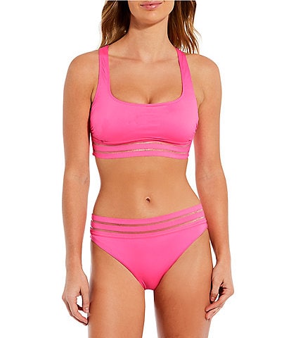Gibson & Latimer Illusion Solid Mesh Band Square Neck Swim Top and Classic Hipster Swim Bottom