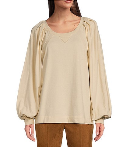 Gibson & Latimer Knit Crew Neck Pleated Long Raglan Balloon Sleeve Top