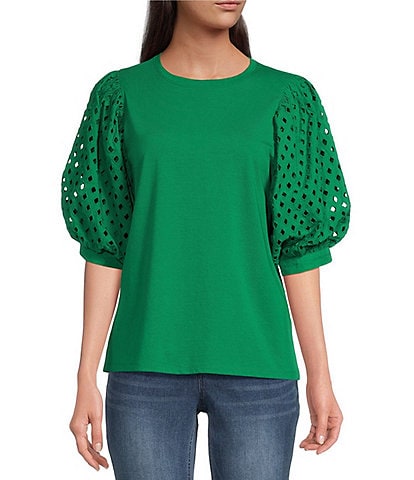 Gibson & Latimer Knit Crew Neck Short Eyelet Puff Sleeve Top