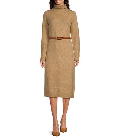 Gibson & Latimer Knit Turtle Neck Long Sleeve Belted Shift Sweater Midi Dress