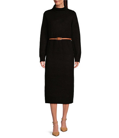 Gibson & Latimer Knit Turtle Neck Long Sleeve Belted Shift Sweater Midi Dress