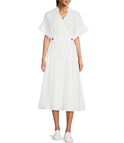 Gibson & Latimer Linen Point Collar Short Sleeve Midi Fit and Flare Dress