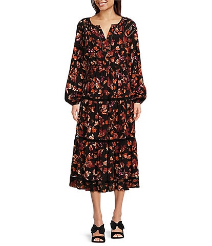 Gibson & Latimer Long Sleeve Lace Insert Floral Print Midi Dress