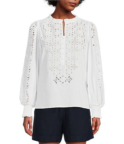 Gibson & Latimer Long Sleeve Ruffle Mock Neck Button Front Embroidered Woven Top