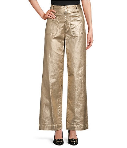 Gibson & Latimer Metallic Coated Denim High Rise Wide Straight Leg Ankle Jean