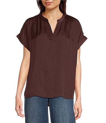 Gibson & Latimer Moonshadow Satin Split Round Neck Dropped Short Roll Tab Sleeve Hi-Low Shirttail Blouse