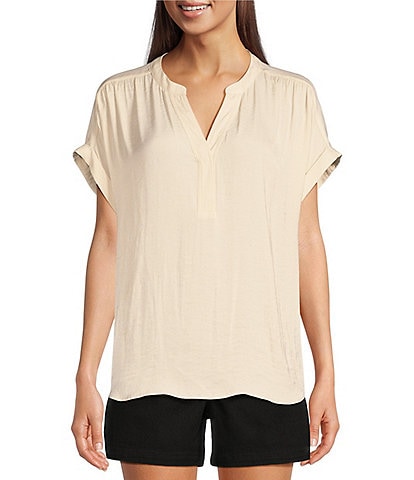 Gibson & Latimer Moonshadow Satin Split Round Neck Dropped Short Roll Tab Sleeve Hi-Low Shirttail Blouse