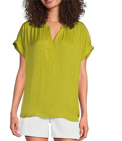 Gibson & Latimer Moonshadow Satin Split Round Neck Dropped Short Roll Tab Sleeve Hi-Low Shirttail Blouse