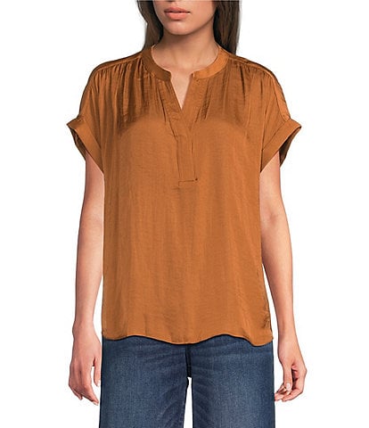 Gibson & Latimer Moonshadow Satin Split Round Neck Dropped Short Roll Tab Sleeve Hi-Low Shirttail Blouse