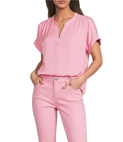 Gibson & Latimer Moonshadow Satin Split Round Neck Dropped Short Roll Tab Sleeve Hi-Low Shirttail Blouse