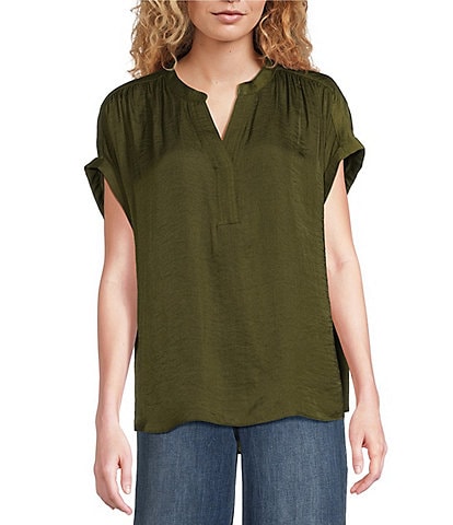 Gibson & Latimer Moonshadow Satin Split Round Neck Dropped Short Roll Tab Sleeve Hi-Low Shirttail Blouse