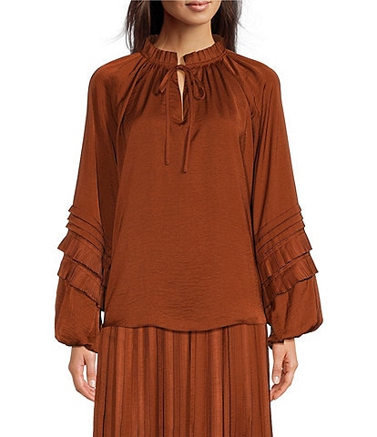 Gibson & Latimer Moonshadow Satin Tie Front Split Round Neck Long Peasant Ruffled Sleeve Woven Top