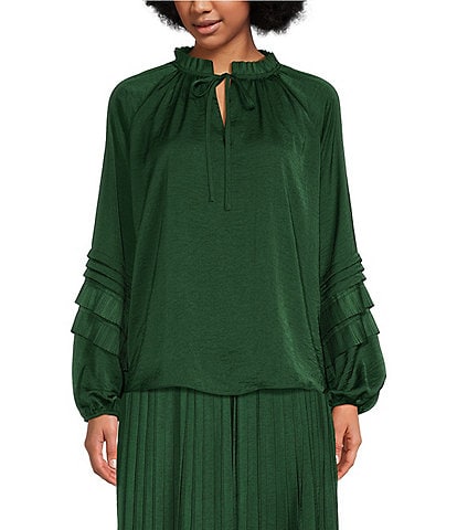 Gibson & Latimer Moonshadow Satin Tie Front Split Round Neck Long Peasant Ruffled Sleeve Woven Top