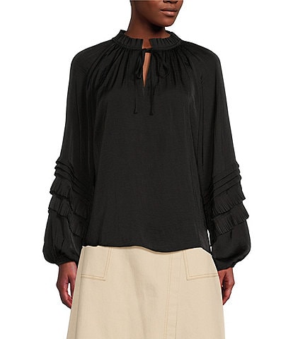 Gibson & Latimer Moonshadow Satin Tie Front Split Round Neck Long Peasant Ruffled Sleeve Woven Top