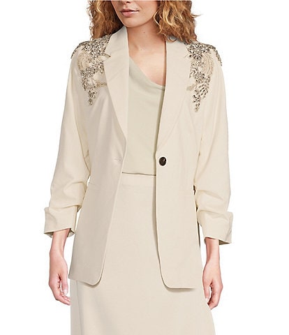 Gibson & Latimer Woven Suiting Embellished Rhinestone Notch Lapel Collar Button Front Ruched Midi Sleeve Long Line Blazer