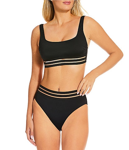 Gibson & Latimer Nov Illusion Solid Banded Square Neck Bralette Swim Top & Solid Banded High Waist Swim Bottom
