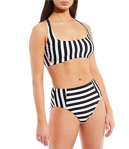 White Diagonal Striped Sports Bra, Black Stripe Print Women's