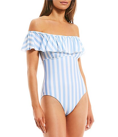 Gibson & Latimer Off Shore Striped Print Ruffled Off-the-Shoulder One Piece Swimsuit