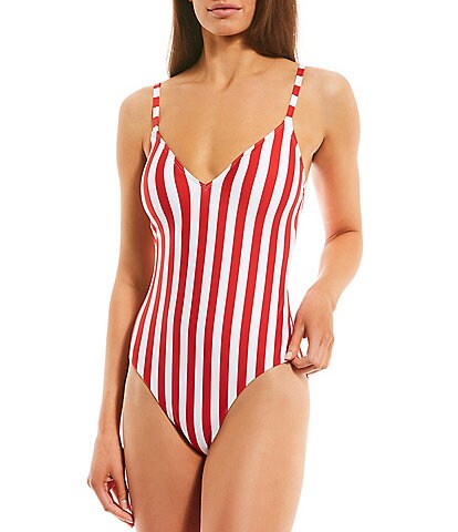 Gibson & Latimer Off Shore Striped Print V-Neck One Piece Swimsuit