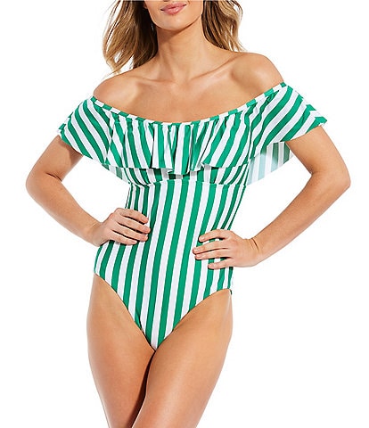 Gibson & Latimer Off Shore Striped Ruffle Off-the-Shoulder One Piece Swimsuit