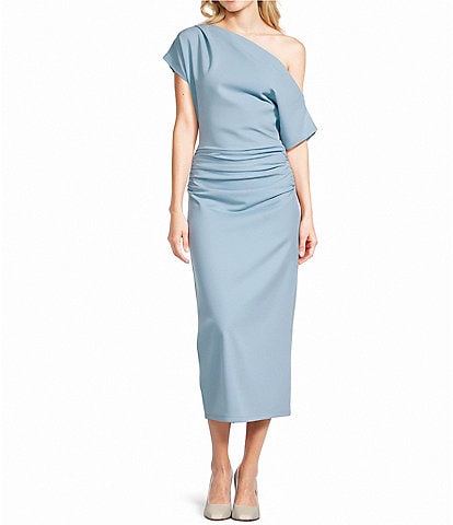 Gibson & Latimer Crepe Knit Asymmetric Neck One Shoulder Off-the-Shoulder Short Sleeve Ruched Sheath Midi Dress