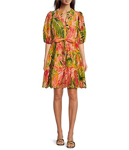 Gibson & Latimer Palm Printed Eyelet Split Round Neck Elbow Puff Sleeve Button Down Belted Scallop Hem A-Line Dress