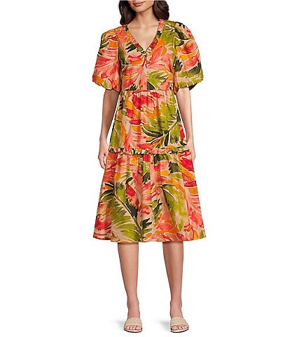Gibson & Latimer Palm Printed Eyelet V-Neck Short Puff Sleeve Tiered A-Line Midi Dress