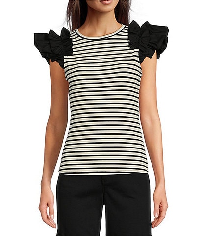 Gibson & Latimer Ribbed Knit Crew Neck Contrasting Poplin Ruffled Short Sleeve Striped Top