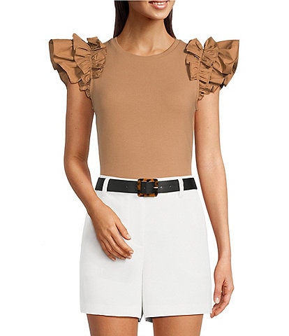 Gibson & Latimer Ribbed Knit Crew Neck Contrasting Poplin Ruffled Short Sleeve Top