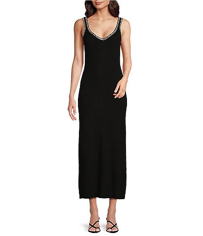 Gibson & Latimer Ribbed Knit Crochet V-Neck Tank Strap Bodycon Midi Dress