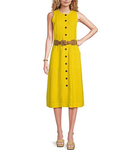 Gibson & Latimer Round Neck Sleeveless Button Front Belted A-Line Midi Dress