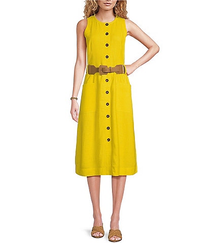 Gibson & Latimer Round Neck Sleeveless Button Front Belted A-Line Midi Dress